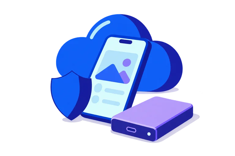 Cloud, Smartphone und eine separate externe Festplatte in Blau und Violett.
