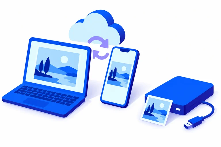 Blauer Laptop und Smartphone mit demselben Foto, darüber eine Cloud mit Synchronisierungspfeilen. Daneben liegen eine externe Festplatte, ein Foto und ein nicht eingesteckter USB-Stecker.