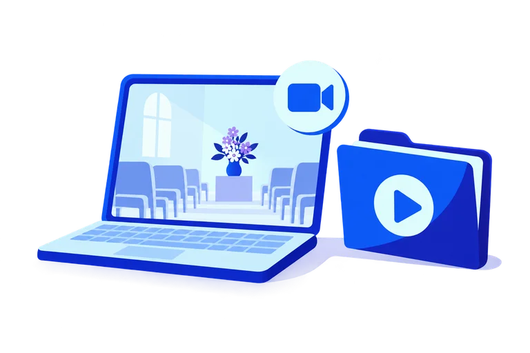 Ein Laptop zeigt einen ruhigen Veranstaltungsraum. Daneben liegt ein Ordner mit einem Videosymbol.