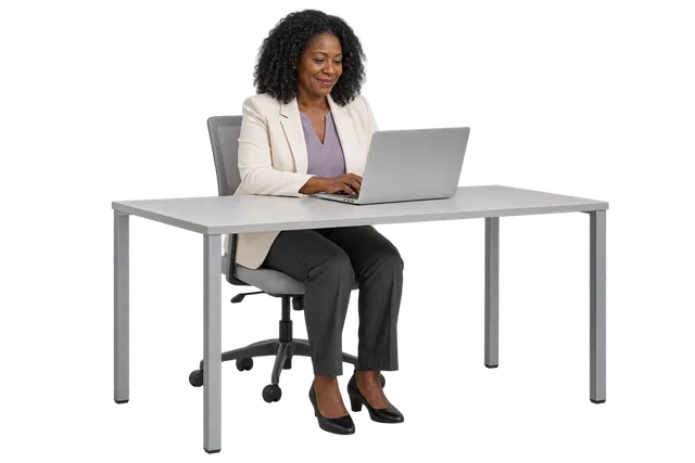 Eine Frau arbeitet an einem Laptop an ihrem Schreibtisch.