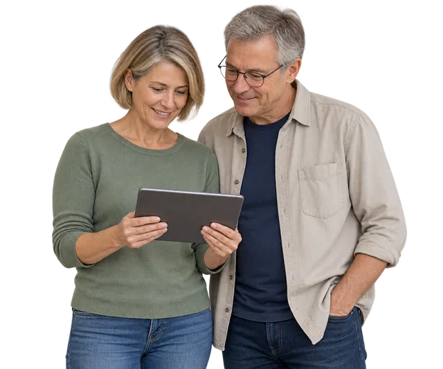 Zwei Erwachsene betrachten gemeinsam ein Tablet.
